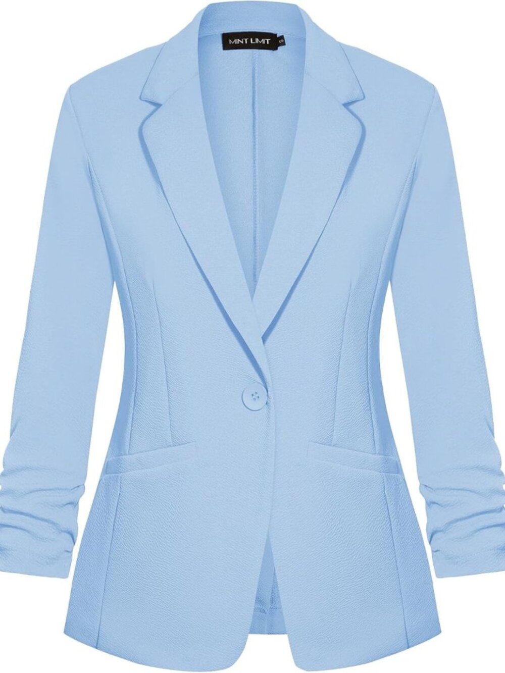 Chic Women's Casual Blazer with 3/4 Ruched Sleeves, Open Front, Pockets - Office